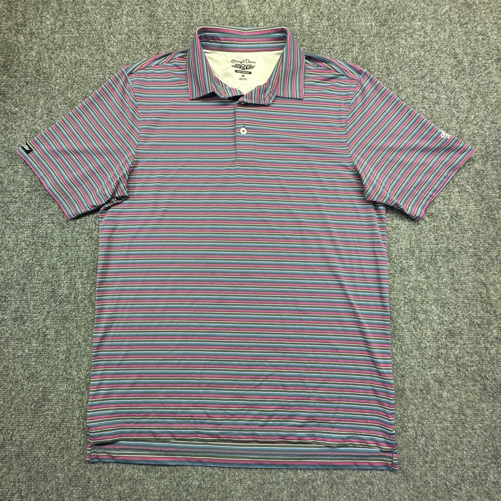 Straight Down Performance Polo Shirt Mens Medium Pink Blue Striped Excellent